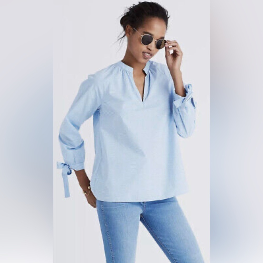Madewell Striped Popover Top Classic Tie Sleeve Blue G1892 Size XXS - Picture 2 of 14